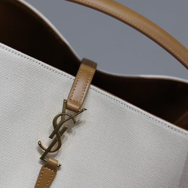 YSL 25S LE 5 À 7 BUCKET 26 IN CREAM BROWN CALFSKIN AND CANVAS GOLD HARDWRE