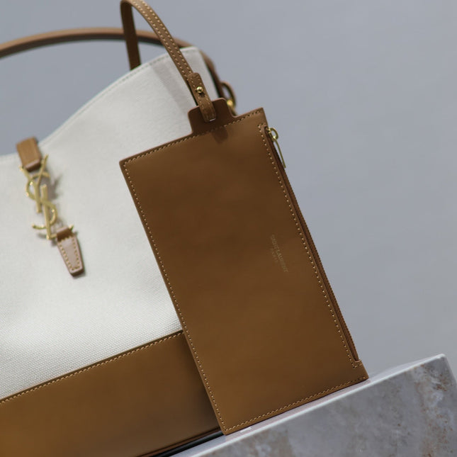 YSL 25S LE 5 À 7 BUCKET 26 IN CREAM BROWN CALFSKIN AND CANVAS GOLD HARDWRE