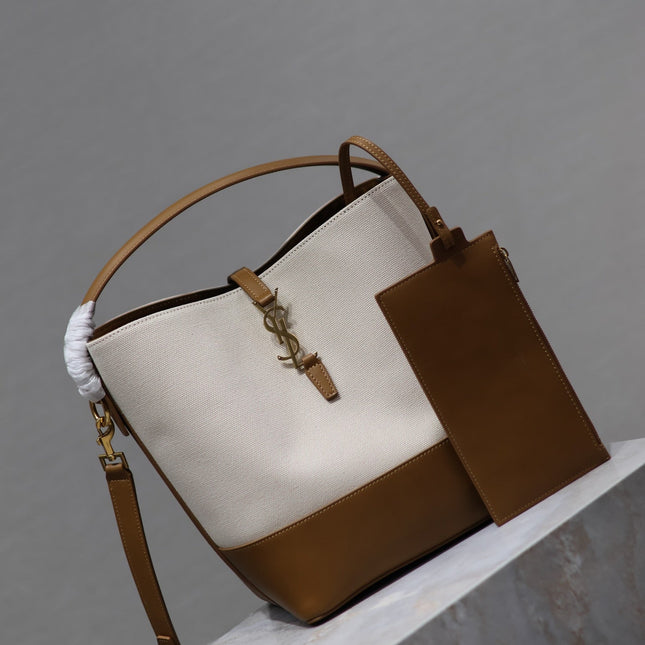 YSL 25S LE 5 À 7 BUCKET 26 IN CREAM BROWN CALFSKIN AND CANVAS GOLD HARDWRE