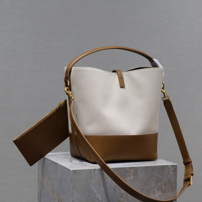 YSL 25S LE 5 À 7 BUCKET 26 IN CREAM BROWN CALFSKIN AND CANVAS GOLD HARDWRE
