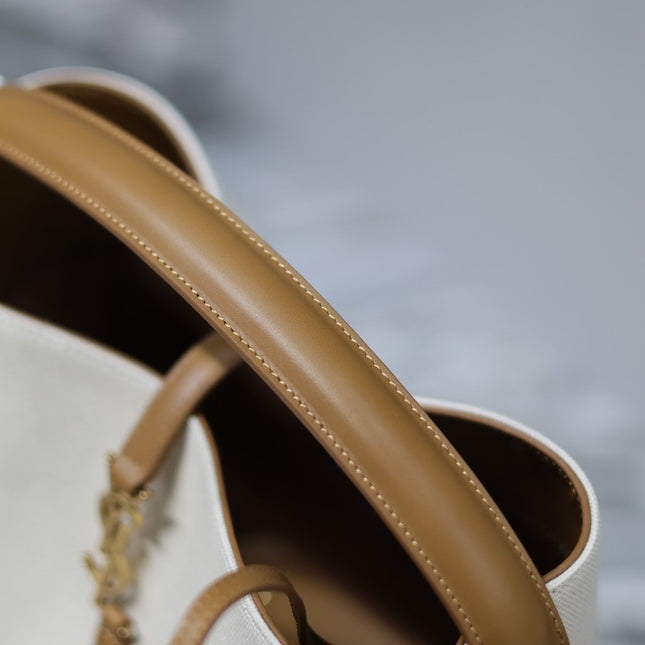 YSL 25S LE 5 À 7 BUCKET 26 IN CREAM BROWN CALFSKIN AND CANVAS GOLD HARDWRE