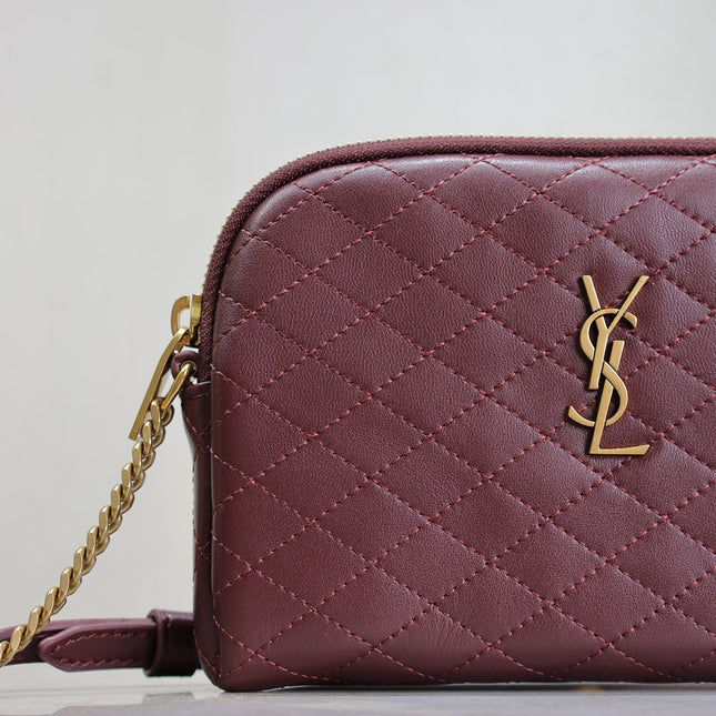 GABY ZIPPED POUCH 19 IN WINE RED QUILTED LAMBSKIN GOLD HARDWARE