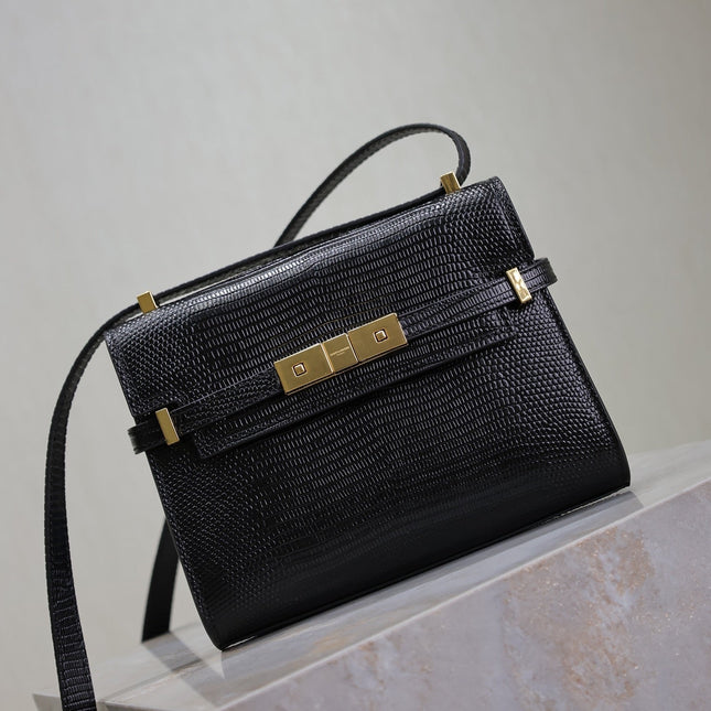 YSL 25S MINI MANHATTAN 19 IN BLACK SHINY CROCODILE CALFSKIN GOLD HARDWRE