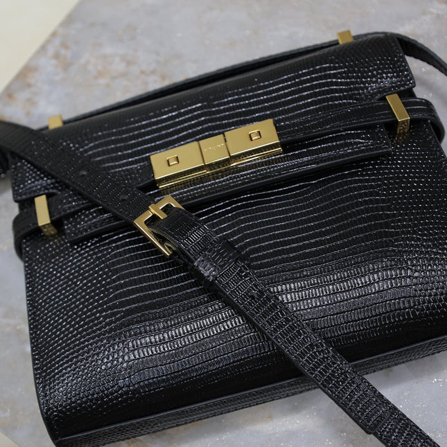 YSL 25S MINI MANHATTAN 19 IN BLACK SHINY CROCODILE CALFSKIN GOLD HARDWRE