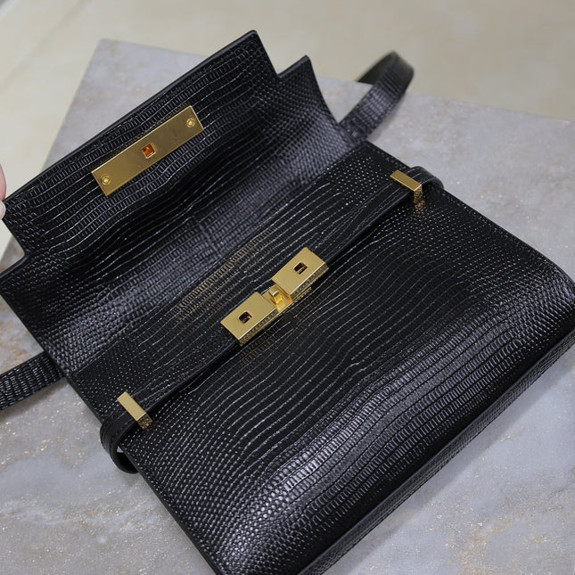 YSL 25S MINI MANHATTAN 19 IN BLACK SHINY CROCODILE CALFSKIN GOLD HARDWRE