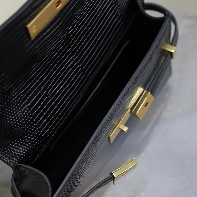 YSL 25S MINI MANHATTAN 19 IN BLACK SHINY CROCODILE CALFSKIN GOLD HARDWRE