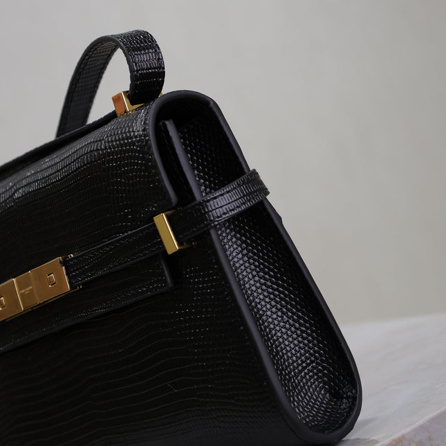 YSL 25S MINI MANHATTAN 19 IN BLACK SHINY CROCODILE CALFSKIN GOLD HARDWRE