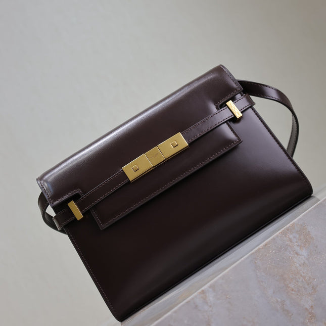 YSL 25S MANHATTAN SMALL 24 IN ROUGE CABERNET CALFSKIN GOLD HARDWRE