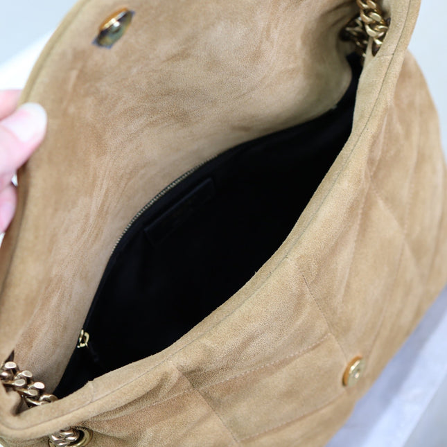 YSL 25S LOULOU PUFFER GM 35 IN TAN BROWN SUEDE GOLD HARDWRE