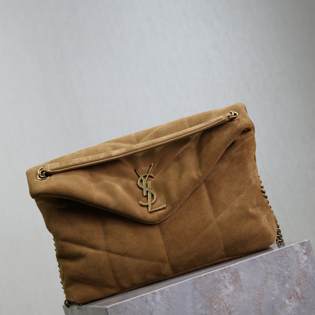 YSL 25S LOULOU PUFFER GM 35 IN TAN BROWN SUEDE GOLD HARDWRE