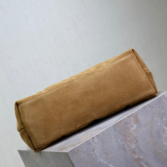 YSL 25S LOULOU PUFFER GM 35 IN TAN BROWN SUEDE GOLD HARDWRE