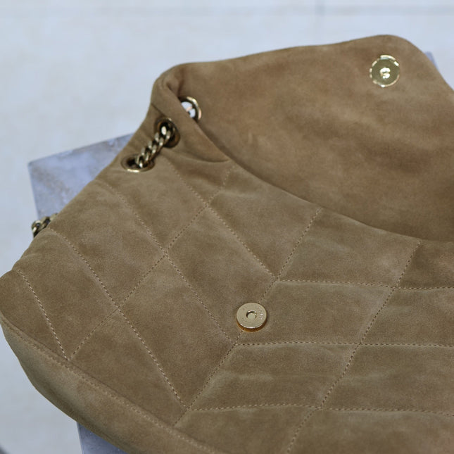 YSL 25S LOULOU PUFFER MM 29 IN TAN BROWN SUEDE GOLD HARDWRE
