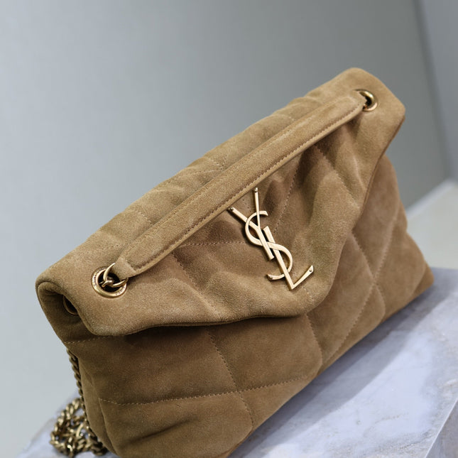 YSL 25S LOULOU PUFFER MM 29 IN TAN BROWN SUEDE GOLD HARDWRE