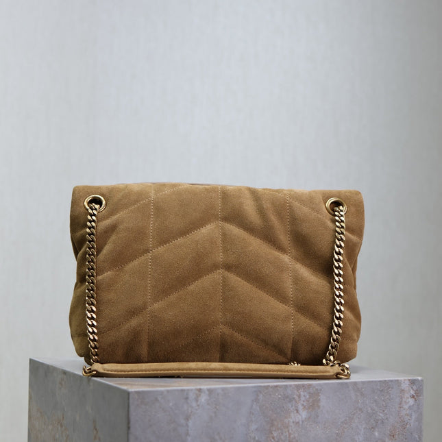 YSL 25S LOULOU PUFFER MM 29 IN TAN BROWN SUEDE GOLD HARDWRE
