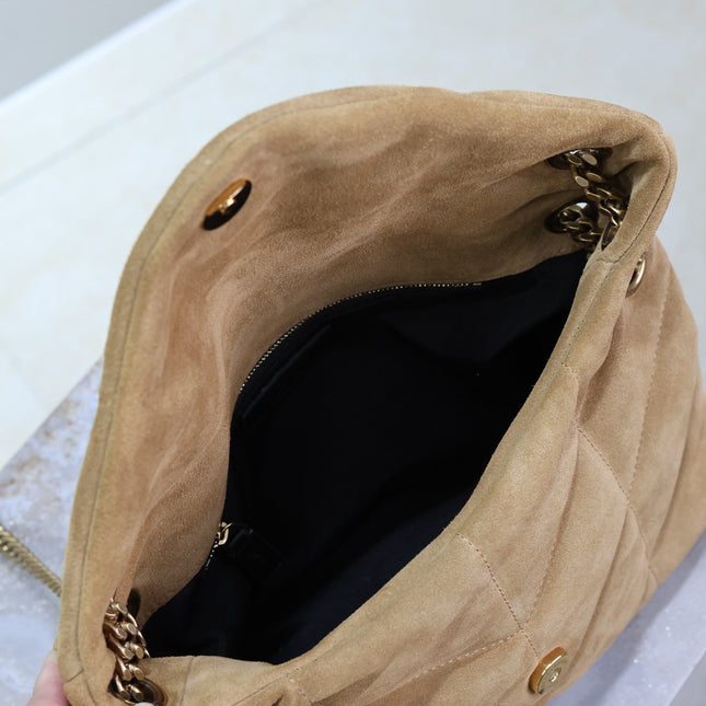 YSL 25S LOULOU PUFFER MM 29 IN TAN BROWN SUEDE GOLD HARDWRE