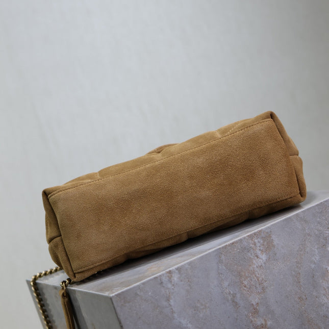 YSL 25S LOULOU PUFFER MM 29 IN TAN BROWN SUEDE GOLD HARDWRE