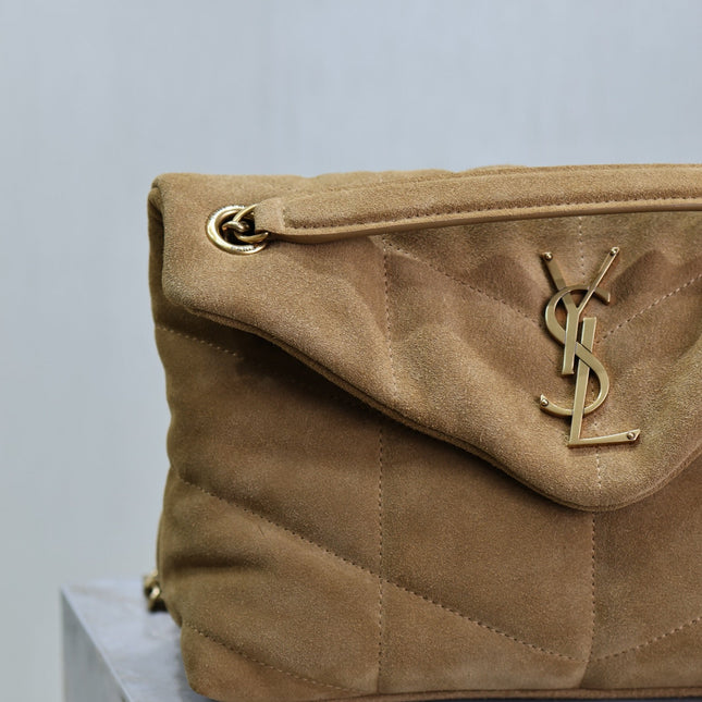 YSL 25S LOULOU PUFFER MM 29 IN TAN BROWN SUEDE GOLD HARDWRE