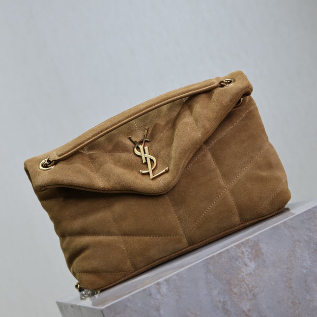 YSL 25S LOULOU PUFFER MM 29 IN TAN BROWN SUEDE GOLD HARDWRE
