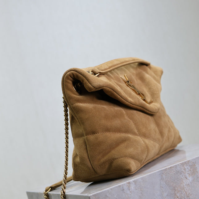 YSL 25S LOULOU PUFFER MM 29 IN TAN BROWN SUEDE GOLD HARDWRE