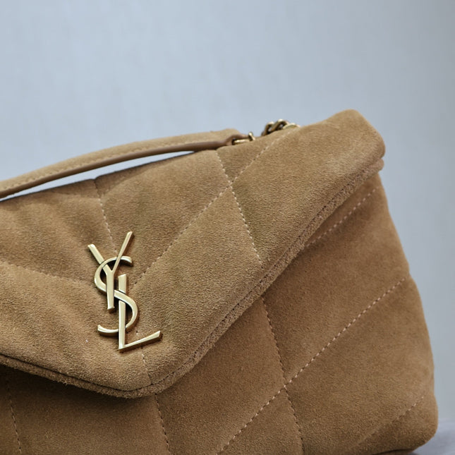 YSL 25S LOULOU PUFFER MINI 23 IN TAN BROWN SUEDE GOLD HARDWRE