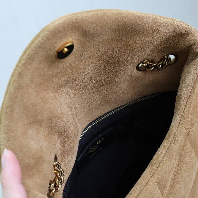 YSL 25S LOULOU PUFFER MINI 23 IN TAN BROWN SUEDE GOLD HARDWRE