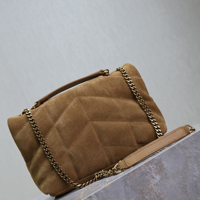 YSL 25S LOULOU PUFFER MINI 23 IN TAN BROWN SUEDE GOLD HARDWRE