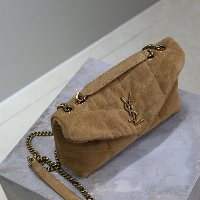 YSL 25S LOULOU PUFFER MINI 23 IN TAN BROWN SUEDE GOLD HARDWRE