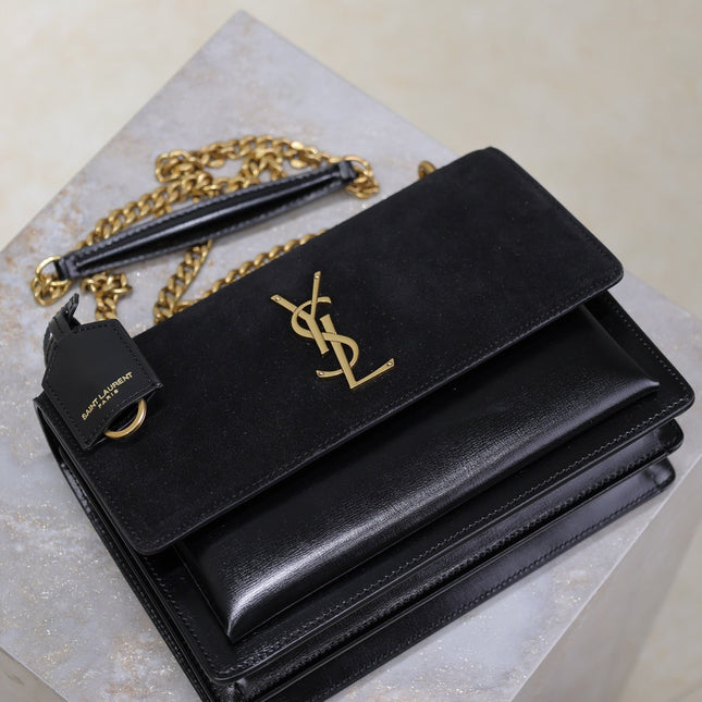 YSL 25S SUNSET BAG 22 IN BLACK CALFSKIN AND SUEDE GOLD HARDWRE