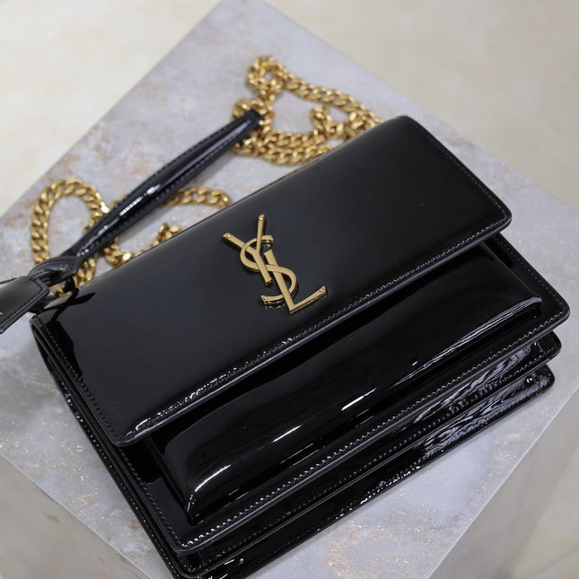YSL 25S SUNSET MEDIUM 22 IN BLACK SHINY CALFSKIN GOLD HARDWRE