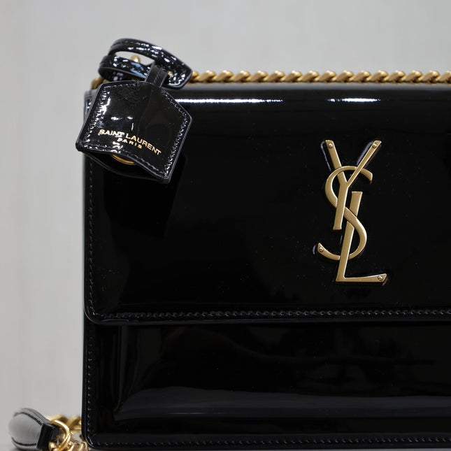 YSL 25S SUNSET MEDIUM 22 IN BLACK SHINY CALFSKIN GOLD HARDWRE