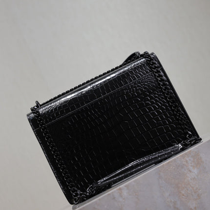 YSL 25S SUNSET MEDIUM 22 IN BLACK CROCODILE-EMBOSSED SHINY CALFSKIN BLACK HARDWRE