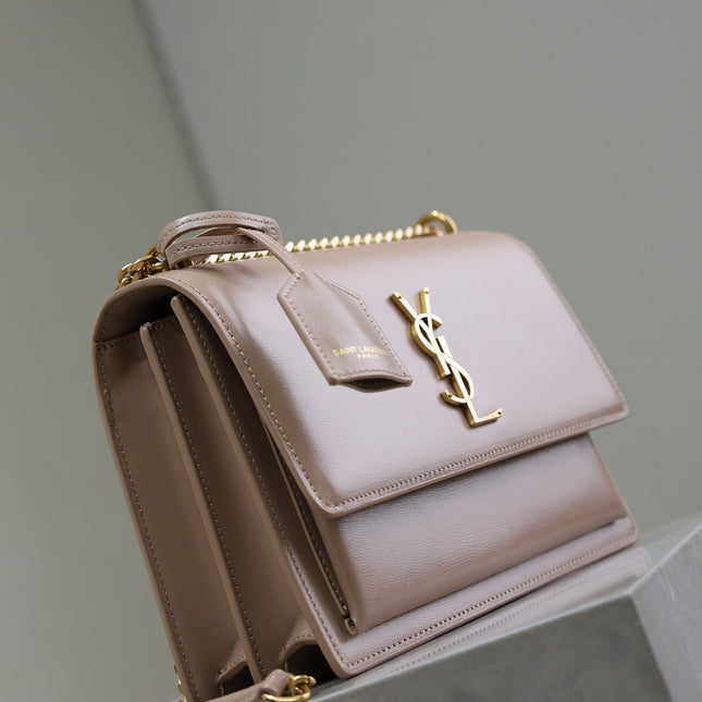 YSL 25S SUNSET BAG 22 IN WARM TAUPE PINK CALFSKIN GOLD HARDWRE