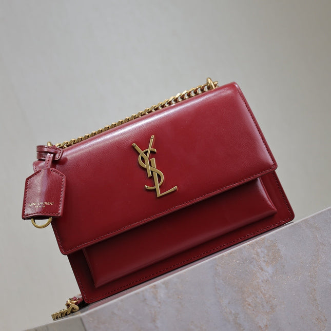 YSL 25S SUNSET BAG 22 IN CRIMSON RED CALFSKIN GOLD HARDWRE