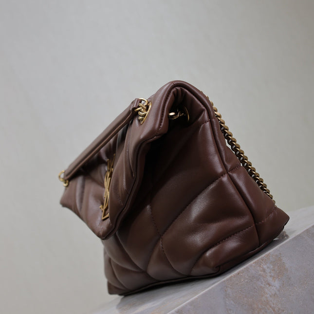 YSL 25S LOULOU PUFFER MM 29 IN DARK BROWN CALFSKIN GOLD HARDWRE