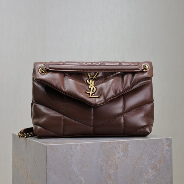 YSL 25S LOULOU PUFFER MM 29 IN DARK BROWN CALFSKIN GOLD HARDWRE