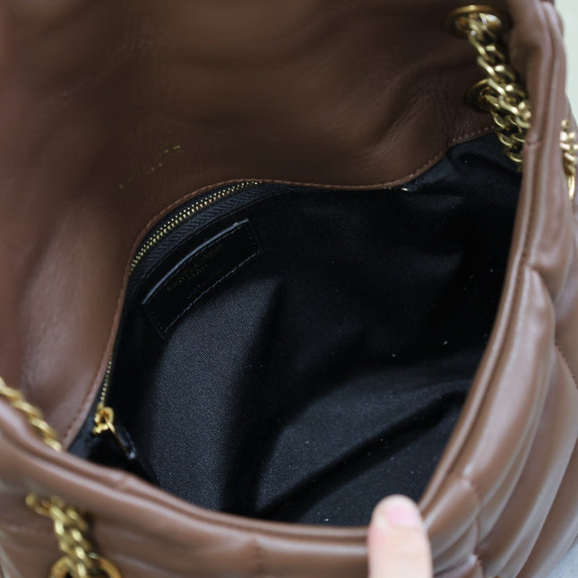 YSL 25S LOULOU PUFFER MM 29 IN DARK BROWN CALFSKIN GOLD HARDWRE