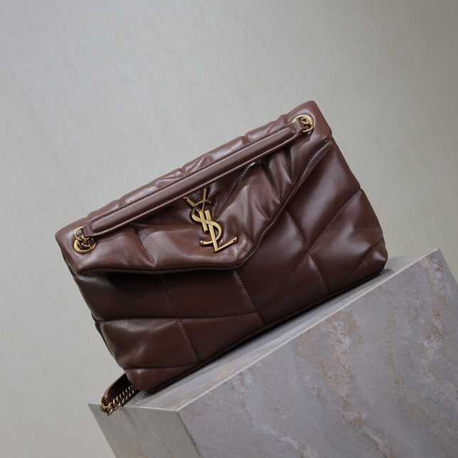 YSL 25S LOULOU PUFFER MM 29 IN DARK BROWN CALFSKIN GOLD HARDWRE