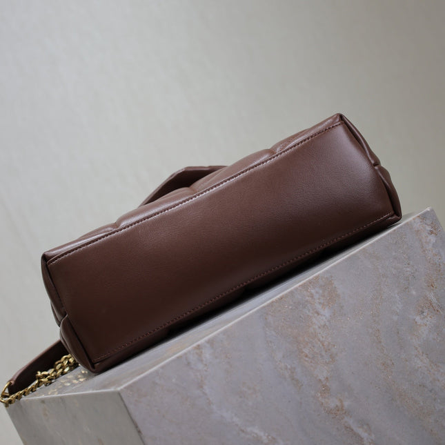 YSL 25S LOULOU PUFFER MM 29 IN DARK BROWN CALFSKIN GOLD HARDWRE