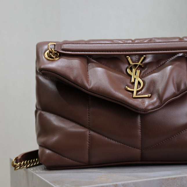 YSL 25S LOULOU PUFFER MM 29 IN DARK BROWN CALFSKIN GOLD HARDWRE