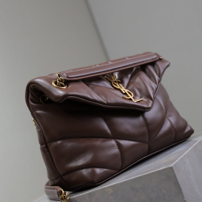 YSL 25S LOULOU PUFFER MM 29 IN DARK BROWN CALFSKIN GOLD HARDWRE