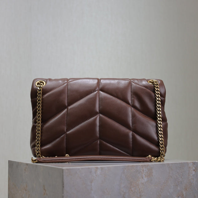 YSL 25S LOULOU PUFFER MM 29 IN DARK BROWN CALFSKIN GOLD HARDWRE