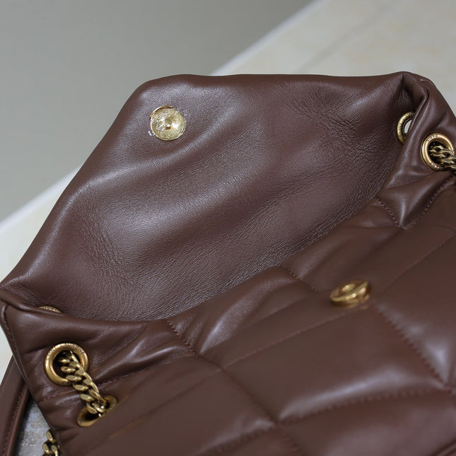 YSL 25S LOULOU PUFFER MM 29 IN DARK BROWN CALFSKIN GOLD HARDWRE