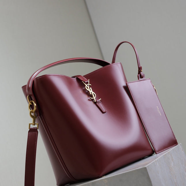 YSL 25S LE 5 À 7 BUCKET 26 IN DARK BURGUNDY CALFSKIN GOLD HARDWRE