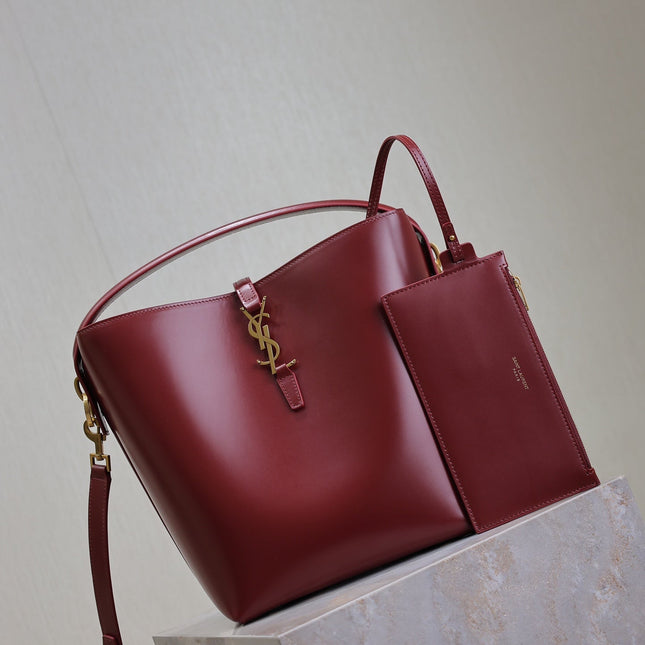 YSL 25S LE 5 À 7 BUCKET 26 IN DARK BURGUNDY CALFSKIN GOLD HARDWRE