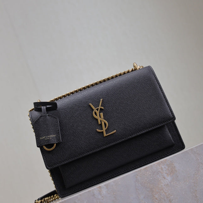 YSL 25S SUNSET MEDIUM 22 IN BLACK GRAINED CALFSKIN GOLD HARDWRE