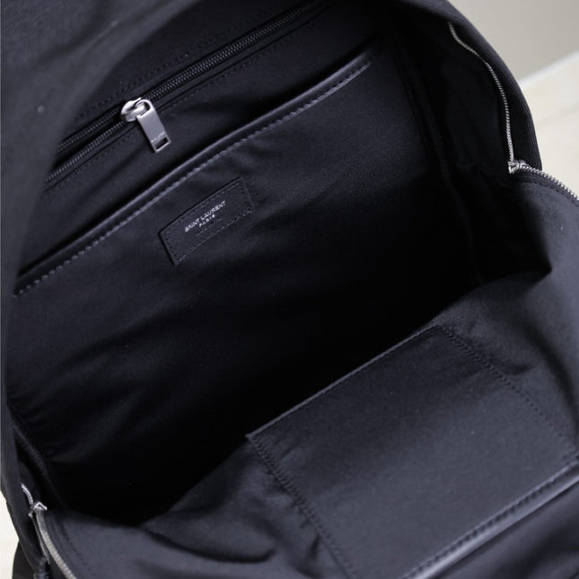 CITY BACKPACK 38 IN BLACK CANVAS WITH WHITE EMBROIDED LOGO