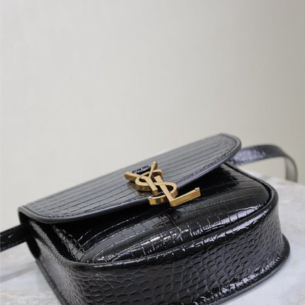KAIA SMALL CROCODILE PATTERN BAG 18 IN BLACK GLOSSY CALFSKIN COPPER HARDWARE