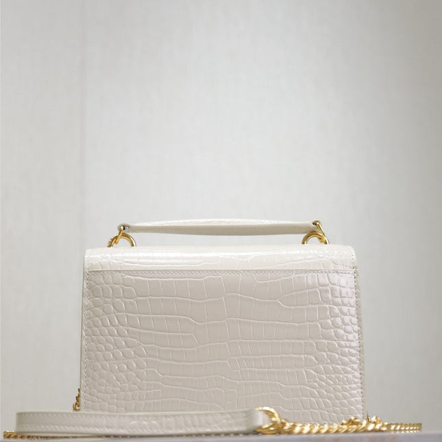 SUNSET SMALL BAG 19 IN WHITE CROCODILE-EMBOSSED CALFSKIN GOLD HARDWARE