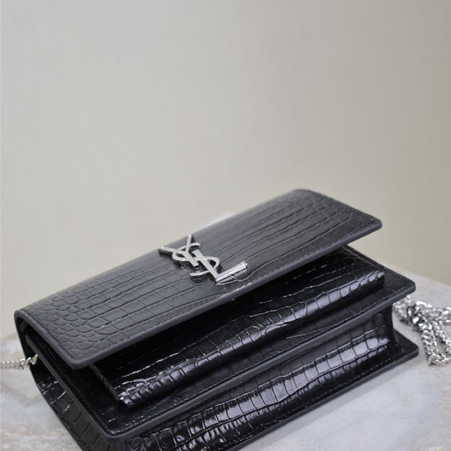 SUNSET SMALL BAG 19 IN BLACK CROCODILE-EMBOSSED CALFSKIN SILVER HARDWARE