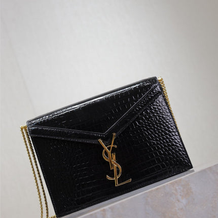 CASSANDRA CHAIN BAG 22 IN BLACK CROCODILE PATTERN CALFSKIN GOLD HARDWARE